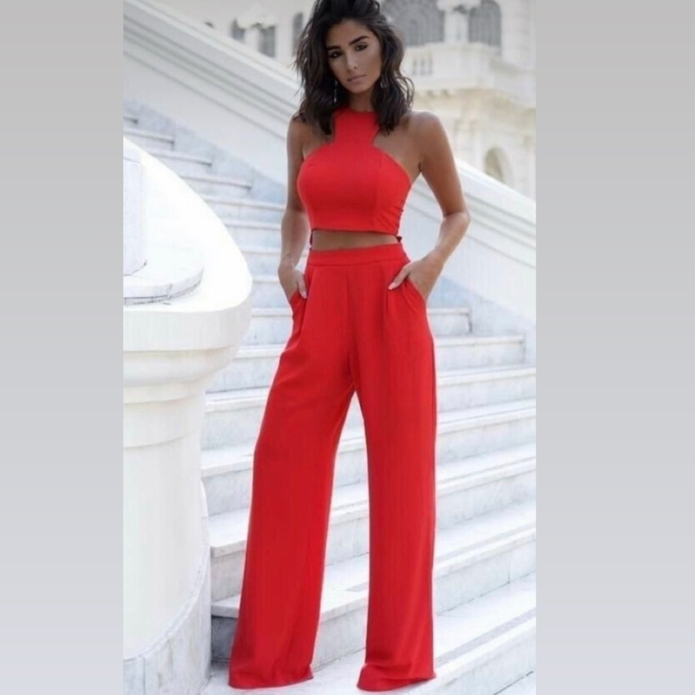 Red jumpsuit with zipper on back